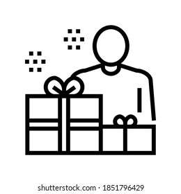human with presents line icon vector. human with presents sign. isolated contour symbol black illustration