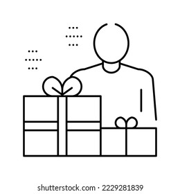 human with presents line icon vector. human with presents sign. isolated contour symbol black illustration