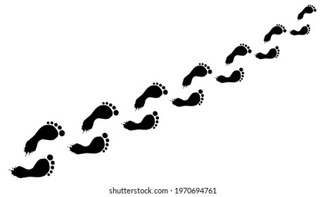 Human prints bare feet top view. Black chain footsteps humanoid smeared footprint extending straight into distance mysterious markings with flowing vector heels.