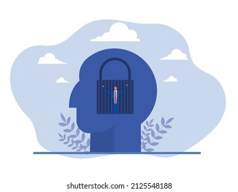 Human in prison with lock Fixed mindset human head silhouette. Negative Thinking Concept.