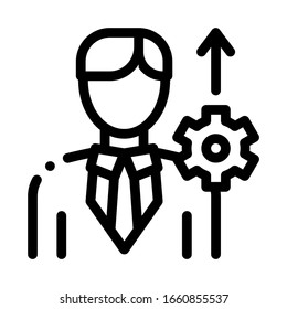 Human Productivity Growth Icon Thin Line Vector. Businessman Silhouette With Growth Arrow And Mechanical Gear Concept Linear Pictogram. Monochrome Outline Sign Isolated Contour Symbol Illustration