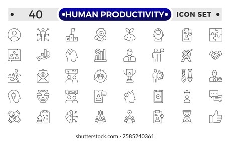 Human Productivity outline icon set productivity and efficiency. Linear business and leader symbols efficiency, task, focus, multitasking, workflow, growth, routine, project management.

