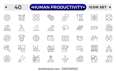 Human Productivity outline icon set productivity and efficiency. Linear business and leader symbols efficiency, task, focus, multitasking, workflow, growth, routine, project management.
