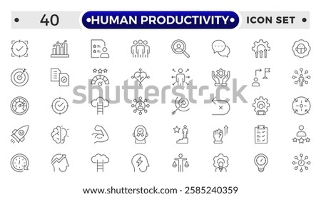 Human Productivity outline icon set productivity and efficiency. Linear business and leader symbols efficiency, task, focus, multitasking, workflow, growth, routine, project management.
