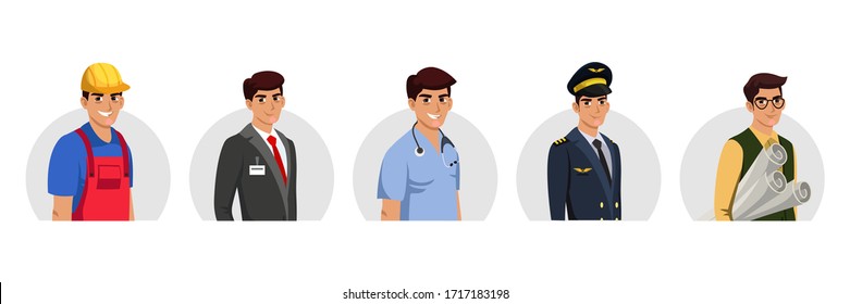 Human Profession Avatar Set Isolated On White Background. Doctor, Engineer, Manager, Builder, Pilot Character. Smiling Man Wearing Uniform And Formal Suit Portrait. Vocation Choice After Graduation