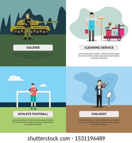 Human profession. human profession illustration flat design for soldier, cleaning service, athlete football, violinist, and more.