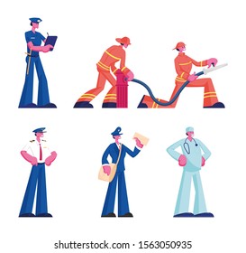 Human Professions Set. Male and Female Characters Wearing Uniform Isolated on White Background, Firefighters Firemen Doctor Policeman Pilot Mailman Occupation, Job. Cartoon Flat Vector Illustration