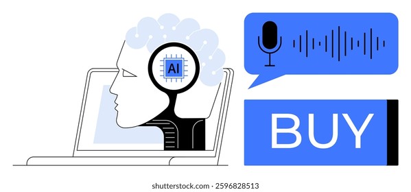 Human profile with AI chip in head, using voice command to initiate purchase. Ideal for e-commerce, smart devices, artificial intelligence, voice technology, innovation, consumer tech, digital