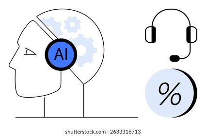 Perfil humano con chip de IA, símbolo de auriculares e icono de porcentaje. Ideal para tecnología, inteligencia artificial, Servicio al cliente, automatización, análisis de datos, aprendizaje automático e innovación. Línea