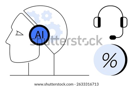 Human profile with AI chip, headset symbol, and percentage icon. Ideal for technology, artificial intelligence, customer service, automation, data analysis, machine learning, and innovation. Line