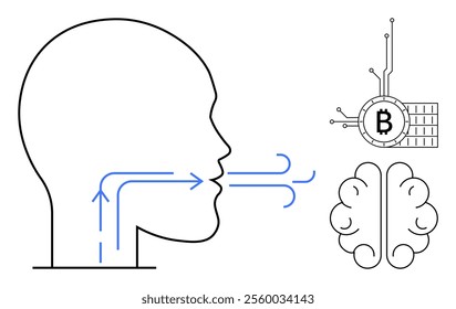 Human profile with arrows indicating speech connected to a Bitcoin symbol integrated with circuitry and a brain. Ideal for technology, cryptocurrency, blockchain, communication, cognitive science