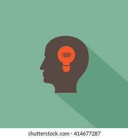 Human Profile With Bulb In The Head - Isolated On Green Background - Vector Illustration, Graphic Design. Idea Concept