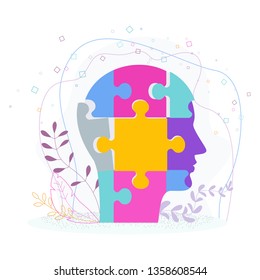 Human profile concept. Man head made up of puzzle pieces. Brainstorming, Idea and Inspiration. Flat vector cartoon illustration. Objects isolated on white background.