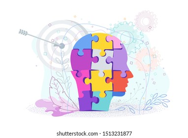 Human profile concept. Man head made up of puzzle pieces. Brainstorming, Idea and Inspiration. Flat vector cartoon illustration. Objects isolated on white background.