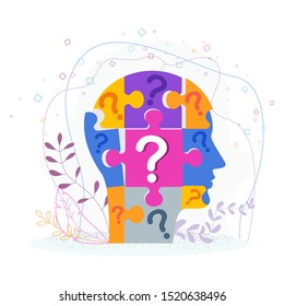 Human profile concept. Man head made up of puzzle pieces. Questions and answers. Reflections, brainstorming, Idea and Inspiration. Flat vector cartoon illustration isolated on white background.