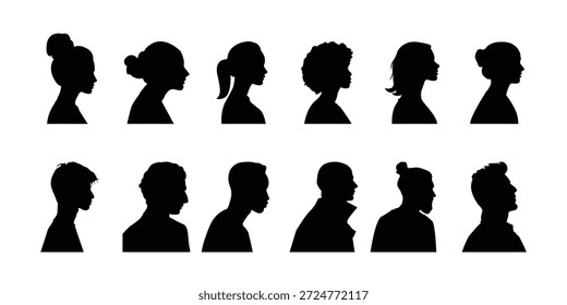 human profile , diverse faces looking sideways . Head profile silhouettes, vector set people heads . eps10