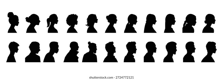 human profile , diverse faces looking sideways . Head profile silhouettes, vector set people heads . eps10