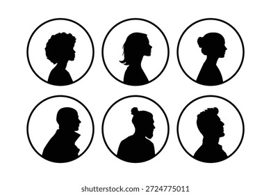 human profile ,  faces looking sideways Set of man profile silhouettes, diverse faces looking sideways vector icons.