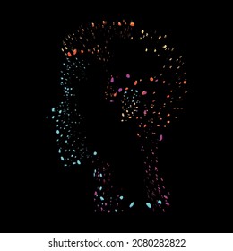 puntos brillantes de perfil humano, icono de diseño creativo, silueta abstracta de un hombre