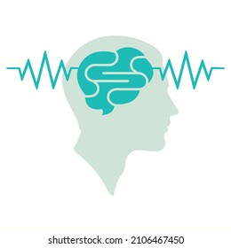 Human profile head. Brain wave concept. Design element, Head scan logo. Brain activity waveform illustration.
