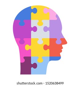 Human profile, Human head concept. Man head made up of puzzle pieces. Brainstorming, Idea and Inspiration. Flat vector cartoon illustration. Objects isolated on white background.