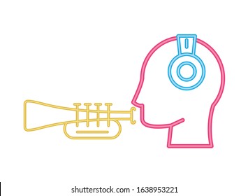 human profile head with earphones neon lights vector illustration design