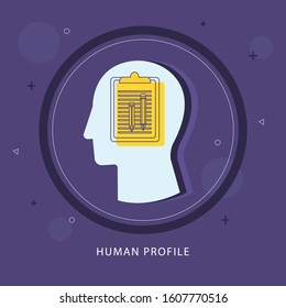 Human profile icon concept with notepad and pen in the drawing of human brain