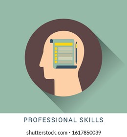 Human profile icon concept with notepad and pen in the drawing of human brain