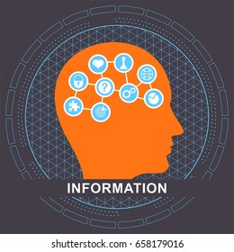 Human profile information technology sign. Integration of info for communication, news, education and knowledge. Icon for data, infographics. Flat vector cartoon icon. Objects isolated on background.
