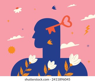 The human profile, the key and the flowers. A metaphor for the process of self-knowledge through psychotherapy, the development of peace of mind, spiritual growth.