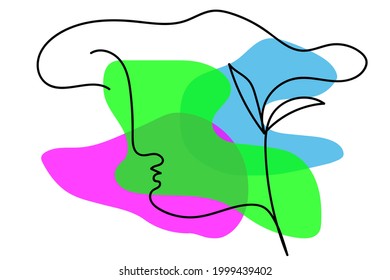 Menschliches Profil mit Blättern in durchgehender schwarzer Linie auf rosafarbenem, grünem und blauem Hintergrund. Einzeln Vektorökologisches Element auf Weiß.