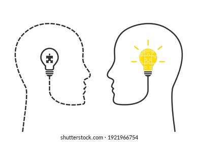 Human profile line and jigsaw puzzle light bulb as thinking, idea, solution or innovation concept