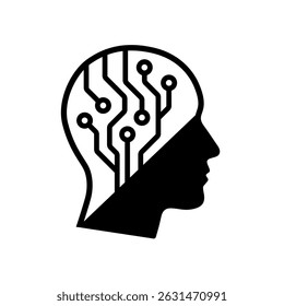 Human profile with outlined circuitry on dark and light split background