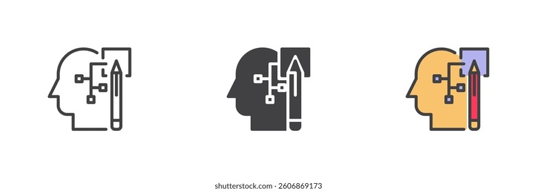 Human profile, with a pencil and a flowchart different style icon set. Line, glyph and filled outline colorful version, outline and filled vector sign. Creative thinking symbol, logo illustration