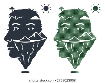 Human profile silhouette mountains trees sun clouds duality concept mindscape nature