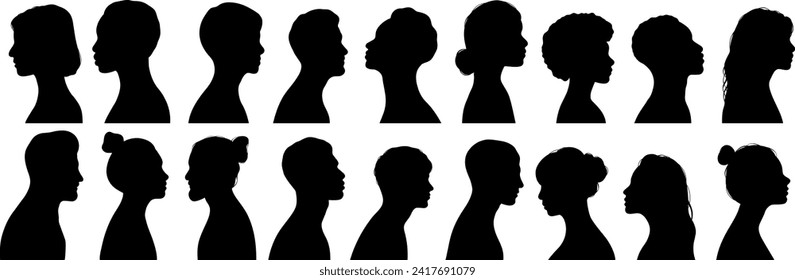 Human profile silhouettes, diverse faces looking sideways, vector clip art set, isolated