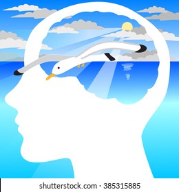 Human profile with visible brain. Concept vector with seagull and peaceful sea landscape.