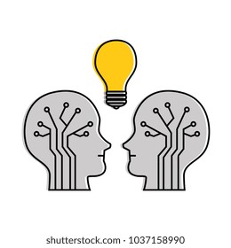 human profiles with electrical circuit and bulb