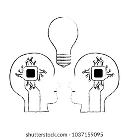 human profiles with electrical circuit and bulb