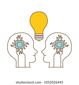 human profiles with electrical circuit and bulb