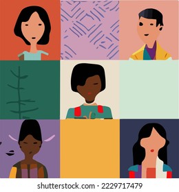 Human profiles in small windows. Human Faces. Society. Community, Organization Illustration Vector Cartoon Drawing