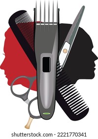 Human profiles with work tools for barber and hairdresser-