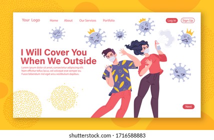 Human protection from pneumonia outbreak concept for landing page template website, web page with people wearing medical masks they spray an antiseptic on an angry coronavirus they cannot reach people