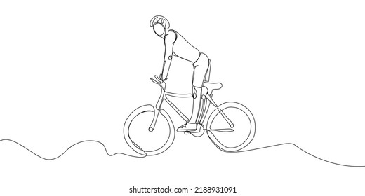 Human in a protective helmet rides a bicycle one line art. Continuous line drawing sports, training, sport, leisure, bike, teenager, cycle racing, tricks, street culture, urban, extreme, woman, man.