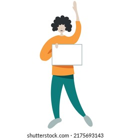 The human at a protest with hand up and blank placard. Vector illustration, isolated