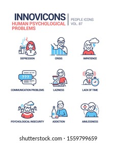 Human Psychological Problems Line Design Style Icons Set. Negative Emotions, Feelings. Depression, Crisis, Impatience, Communication Trouble, Laziness, Lack Of Time, Insecurity, Addiction, Aimlessness