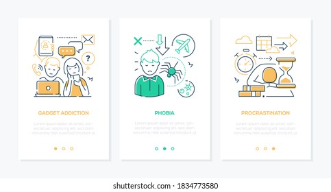 Problemas psicológicos humanos línea de diseño de banners web con espacio de copia para texto. Fobia, procrastinación, adicción a gadgets, problemáticas ilustraciones lineales. Salud mental, psicología e idea de comportamiento