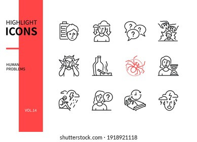 Human psychological problems - line design style icons set. Lack of energy and time, communication troubles, insecurity, panic attack, addiction, phobia, depression, aimlessness, laziness issues