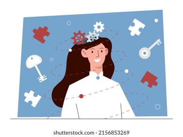 Human psychology concept. Mental health, creative thinking and education. Young woman with cogs, keys and puzzles in her head or brain. Knowledge and philosophy. Cartoon flat vector illustration