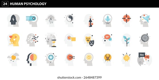 Human Psychology and Mental Health Icons - Brain, Emotion, Therapy, and Well-being Symbols
